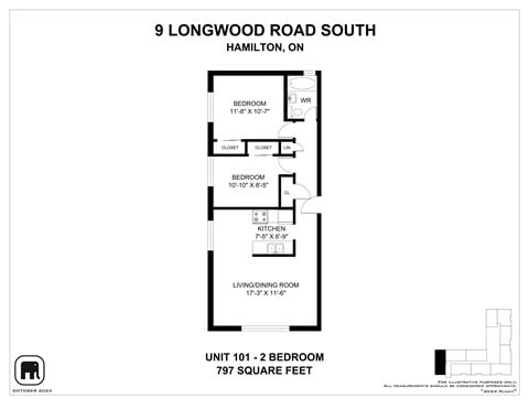 Floor plan for 2 beds, 1 bath, 797 sqft